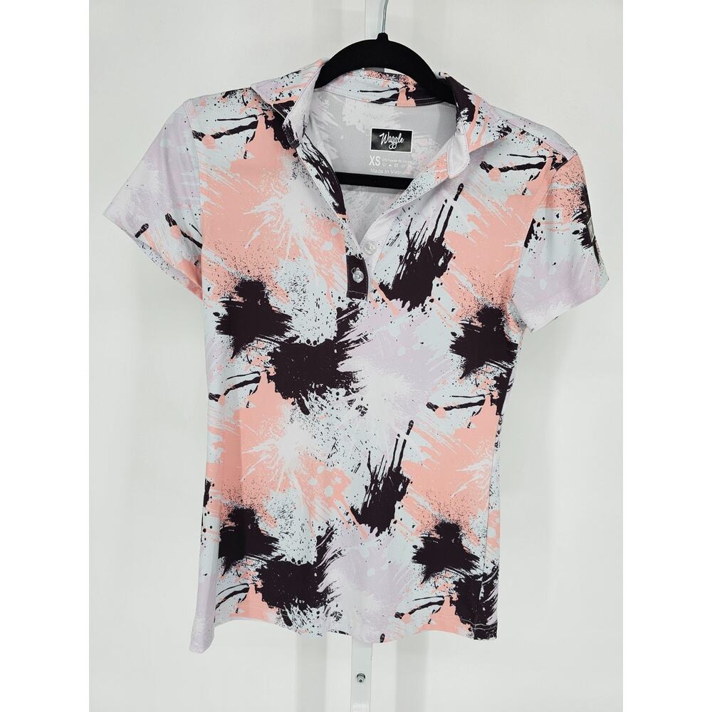 Waggle Womens Sz XS Short Sleeve Performance Polo Golf Shirt Pink Black Paint